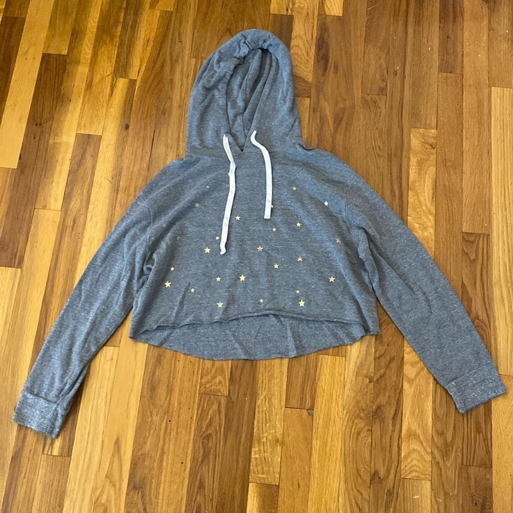 Monrow Women’s Gray Cropped Hoodie With Gold Star Detailing Size XS